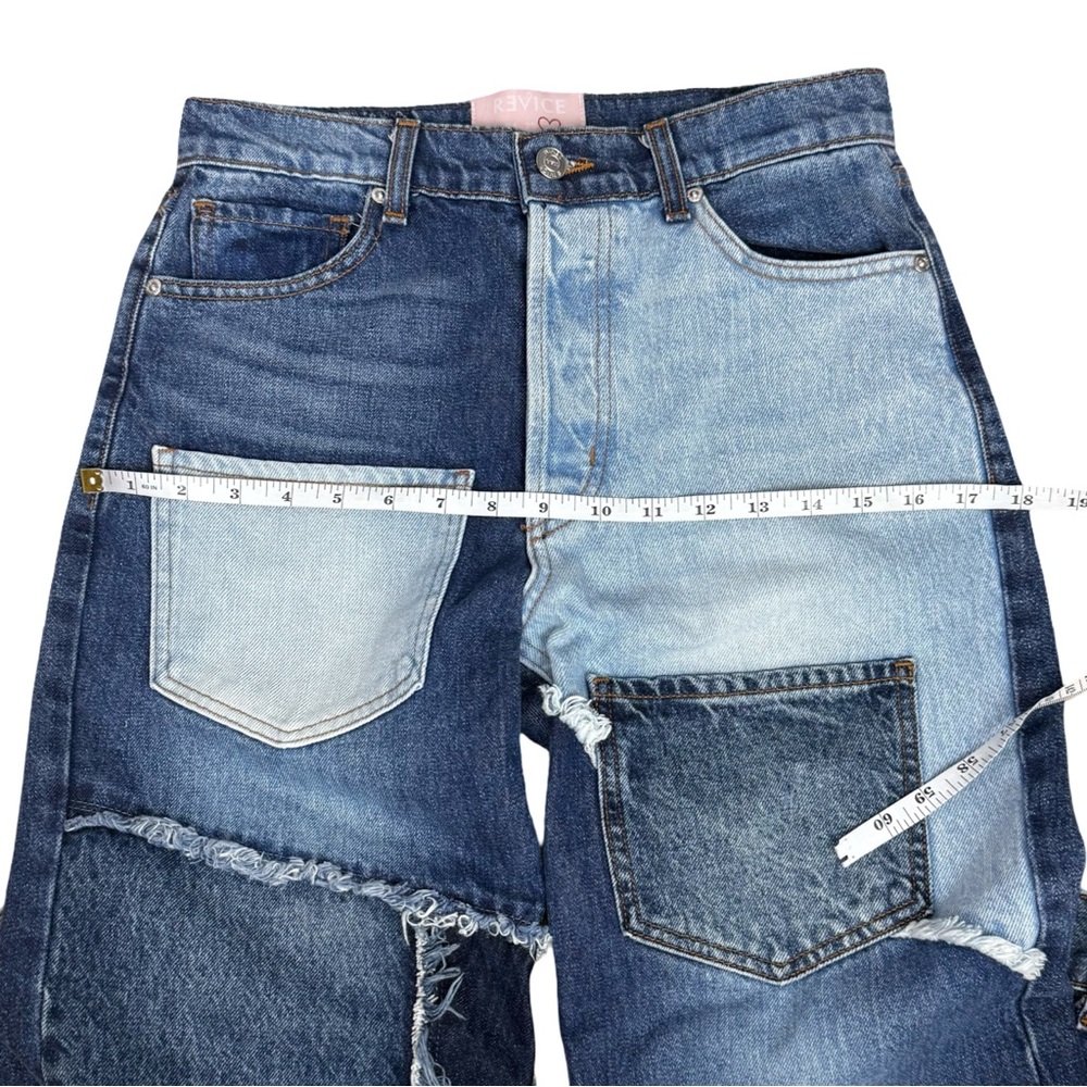REVICE Matchmaker Love at
First Sight Blue Jeans Patchwork Crop Button Fly EUC - Picture 13 of 14